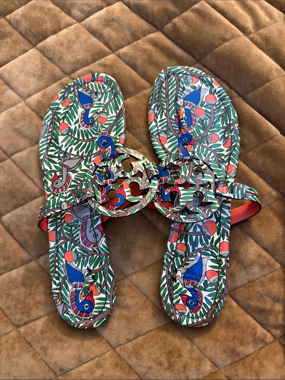Tory Burch Multicolor Bird-Print Slide Sandals in Green, Blue & Coral